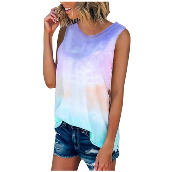 time and tru Womens Shirts for Summer Fashion Woman Round Neck Sleeveless Blouse T-Shirt Printing Loose Tank Tops clearance clothes under $10.00