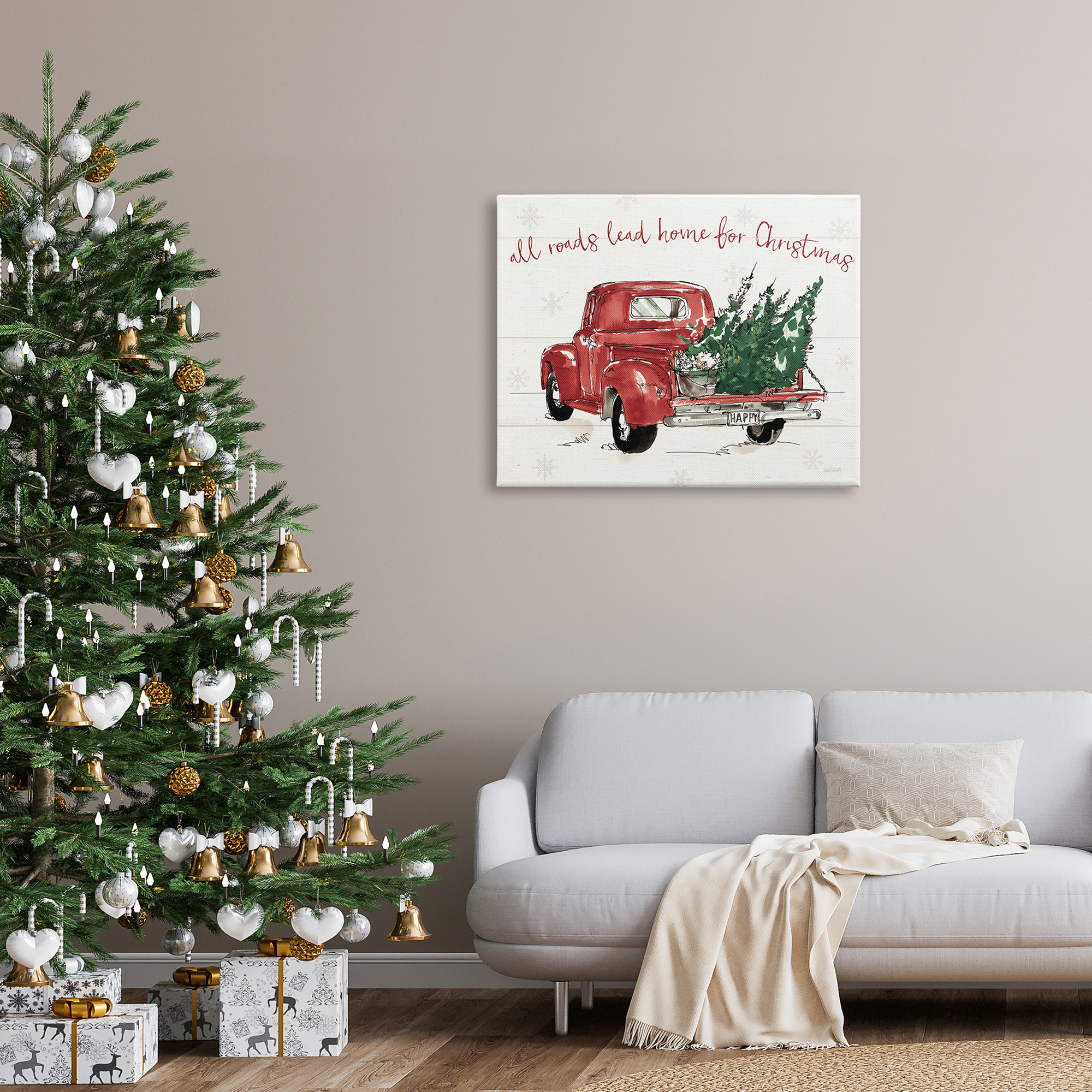 Home For Christmas Inspirational Trees in Red Truck Transportation Graphic Art Gallery-Wrapped Canvas Print Wall Art