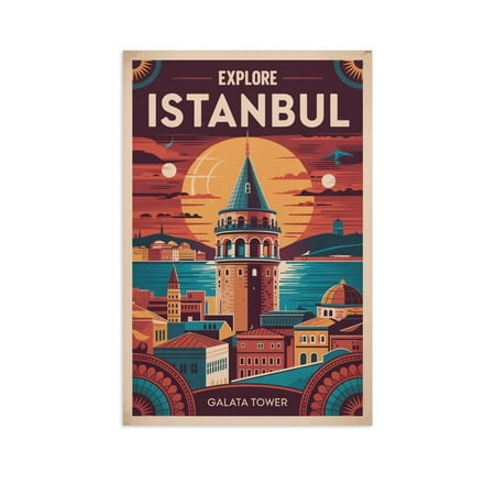 Istanbul Retro Travel Poster Vintage Turkish City Tourism with Galata Tower & Bazaars Print Poster