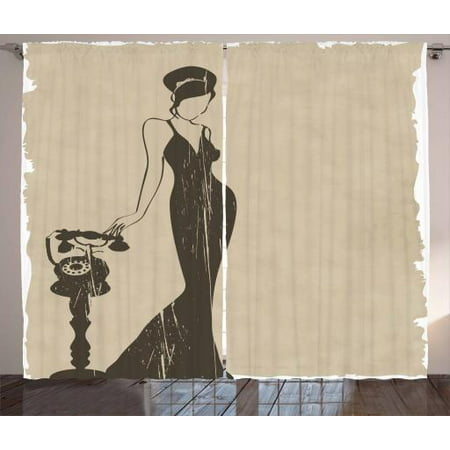 Vintage Woman Curtains 2 Panels Set, Woman Model Silhouette in Stylish Dress Waiting for Telephone Call, Window Drapes for Living Room Bedroom, 108W X 96L Inches, Beige and Dark Taupe, by Ambesonne