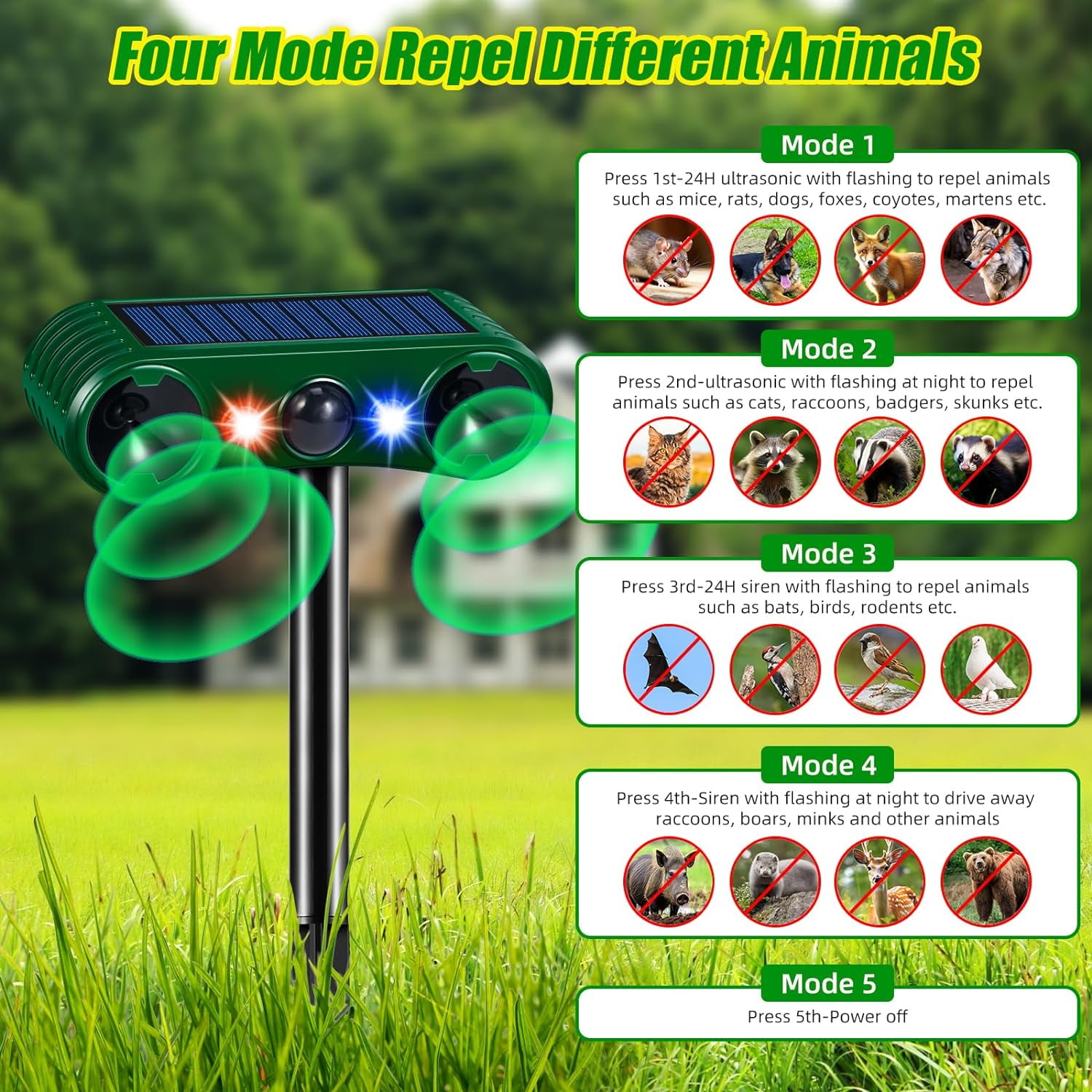 Paddsun Solar Animal Repeller,Ultrasonic Animal Repellent Deer Repellent Devices with LED Flashing Light to Squirrel Rabbit Raccoon for Garden