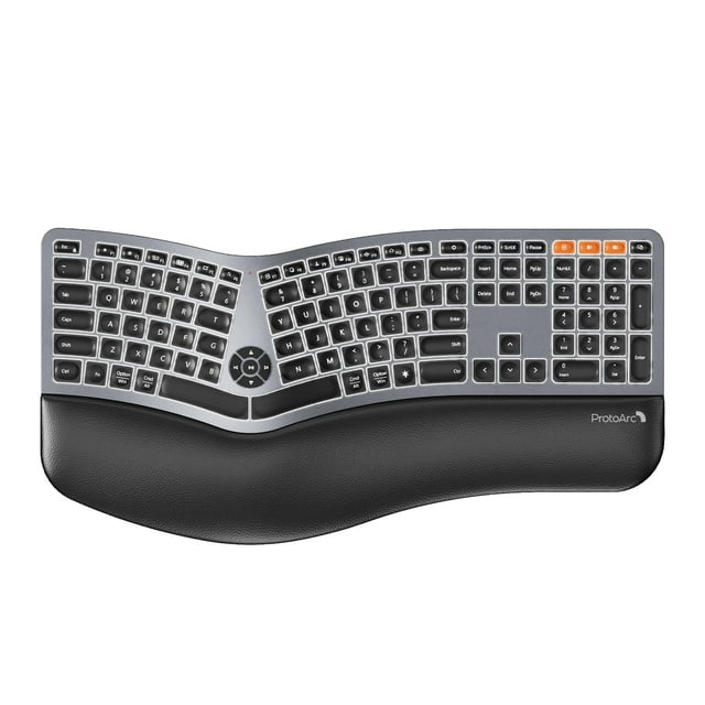 Backlit Bluetooth Ergonomic Keyboard, ProtoArc EK01 Plus Full Size Wireless Split Keyboard with Dual Bluetooth and USB, Cushioned Wrist Rest, Recharg