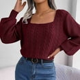thumbnail image 5 of YUGYXL Womens Fall Sweaters Cable Knit Square Neck Lantern Sleeve Casual Loose Cute Vintage Pullover Top Trendy Clothes Wine L, 5 of 8