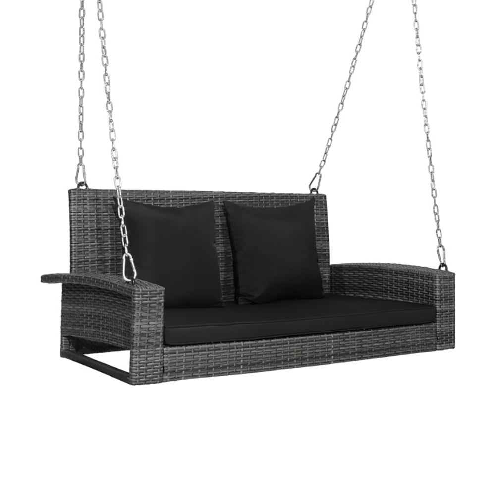 Aimee Lii 2-Person Patio PE Wicker Hanging Porch Swing Bench Chair Cushion 800 Pounds, Outdoor Patio Furniture, Black
