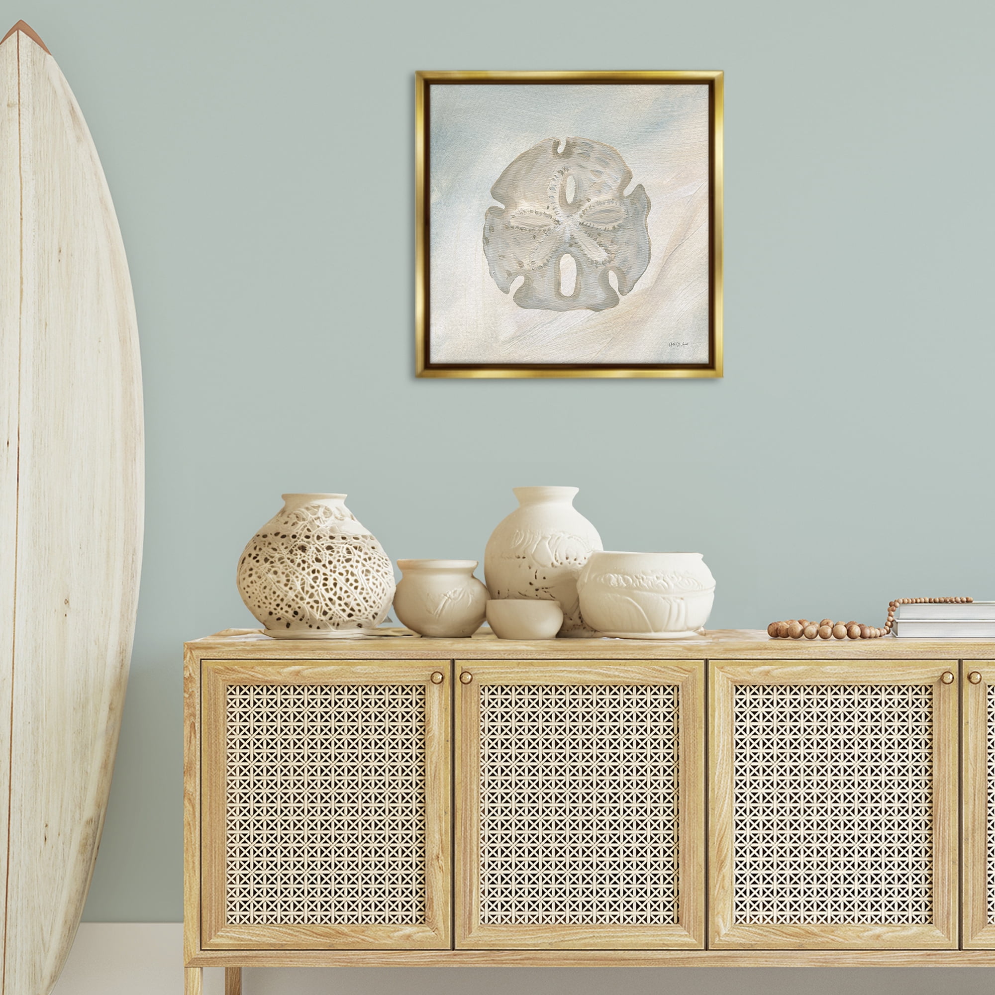 Stupell Industries Sand Dollar over Beige Coastal Painting Gold Floater Framed Canvas Art Print Wall Art, 25 x 25