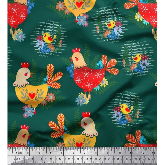 Soimoi Modal Satin Fabric Floral,Chick & Cock Cartoon Print Fabric by The Yard 42 Inch Wide
