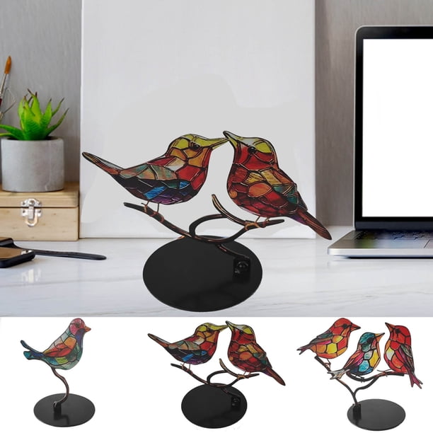 Coloridas decoraciones metálicas de pájaro para jardín y hogar - Set de 4 piezas con colgantes de flores - Decoración exterior e interior