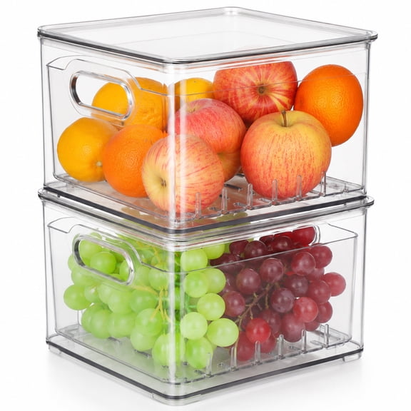 2 Pcs Refrigerator Storage Containers with Drain Basket and Lid, 6.1 x 5.9 x 3.9 in Space-Saving Produce Keeper, Stackable Clear Plastic Organizer for Fruit, Vegetable & Berry Preservation