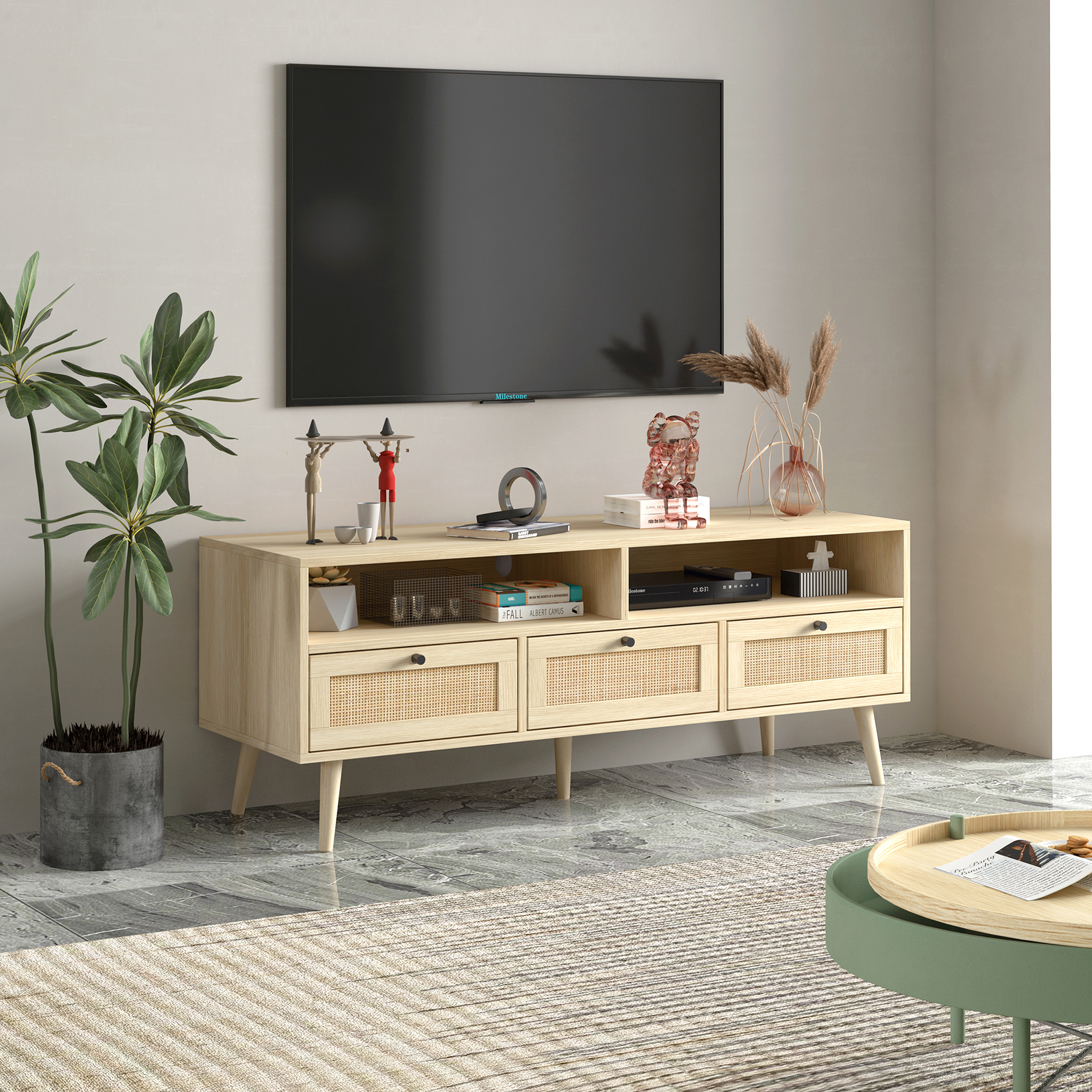 Hommoo Rattan TV Stand with Solid Wood Feet, TV Storage Shelf Cabinet, Modern TV Console Table for Home and Office, Natural