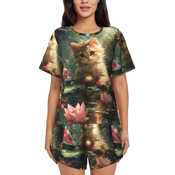 Balery Cute Kitten Water Lilies Conjunto de Pijama para Mujer con Estampado, Dos Piezas de Manga Corta y Shorts, Ropa de Dormir Suave con Cuello Redondo y Bolsillos-4X-Large
