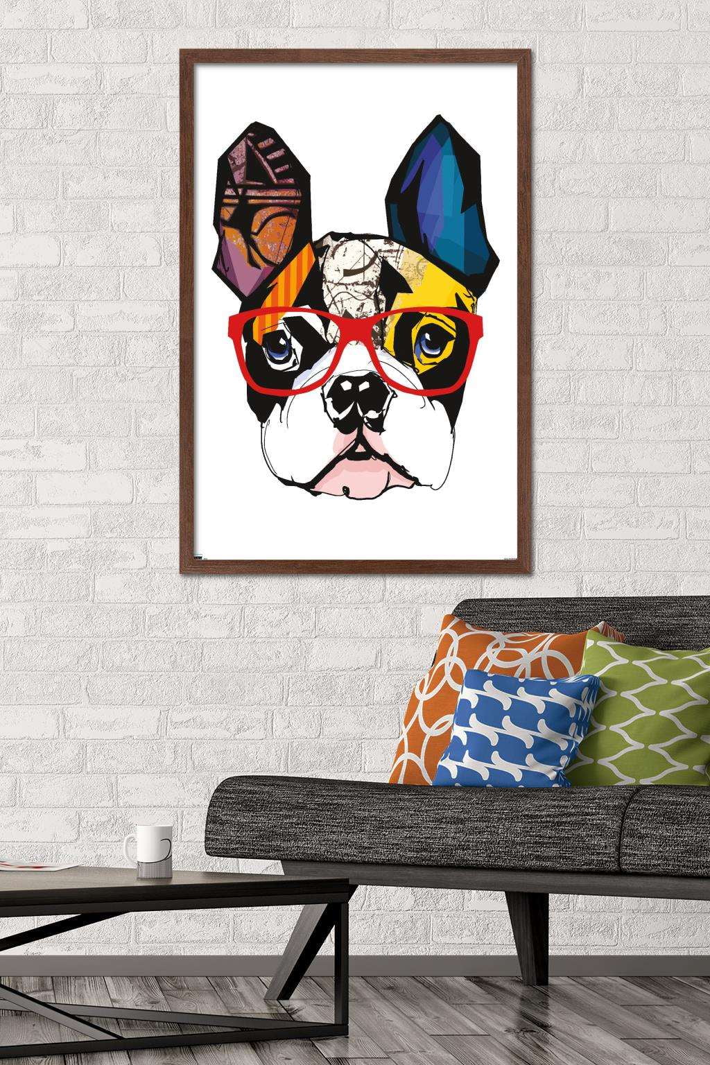 Art Deco - Boston Terrier with Glasses Wall Poster, 22.375" x 34", Framed