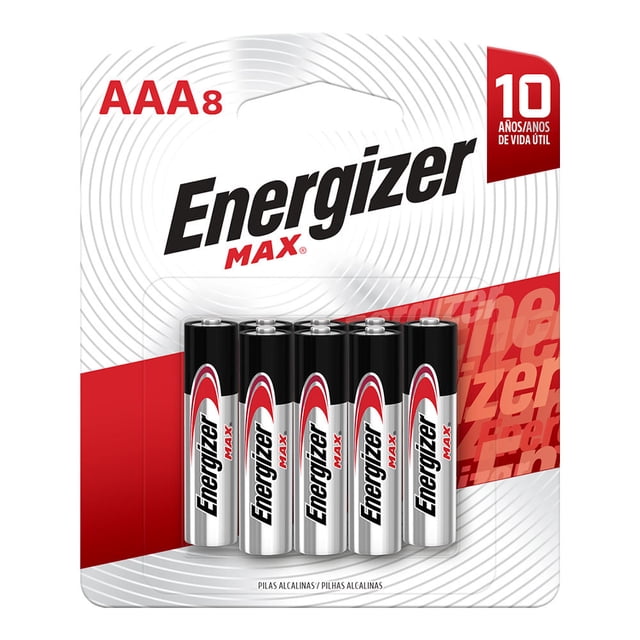 pilas alcalinas energizer max aaa 8 pzas paquete frontal con ocho pilas AAA visibles, cuerpos plateados con banda roja y logo Energizer Max, sello rojo que indica "10 años de vida útil" y texto "AAA8" en la esquina superior izquierda; diseño sobre fondo blanco con líneas concéntricas; adecuado para controles remotos, radios y juguetes de consumo diario.