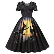 Halloween Fashion Dress for Women Short Sleeve Round Neck Lace Patchwork Dress Floral Printed Ladies Slim Dress