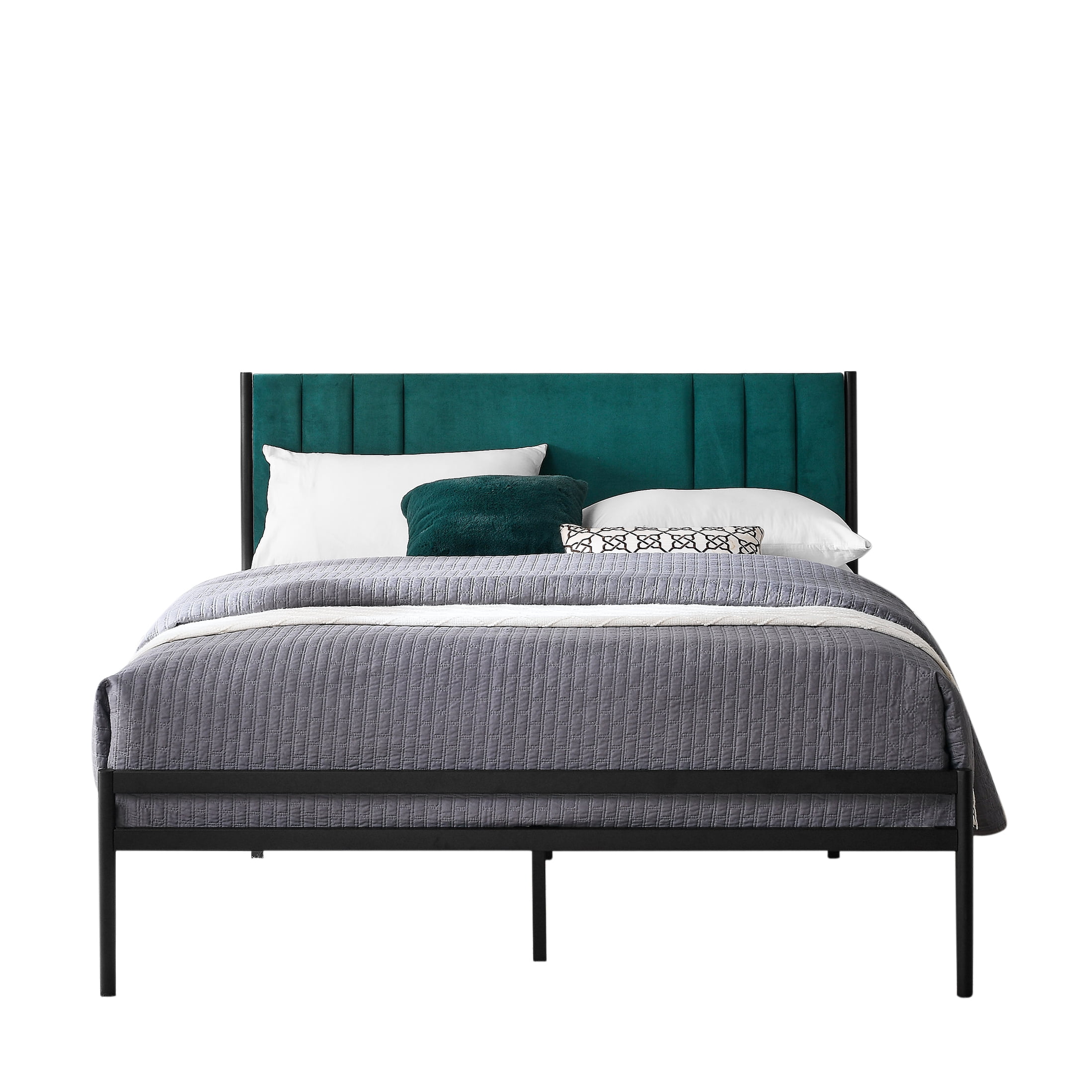 BSHTI Full Size Platform Bed Frame with Upholstered Headboard and wood slats,simple and elegant design Platform Bed Frame for livingroom