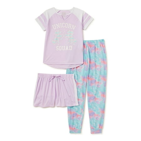 Sleep On It Girls' Unicorn Short Sleeve Pajama Set, 3-Piece, Sizes 4-18 & Plus