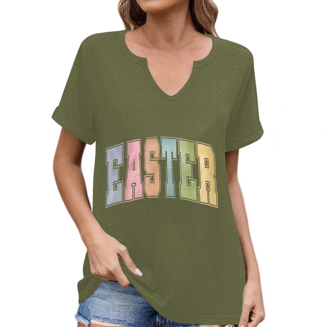Corto para las Mujeres Casual Verano 2025 Pascua Impresión V-Cuello Camiseta, Ligero 95% Poliéster 5% Spandex Top para Toda la Temporada Hogar Y Diario