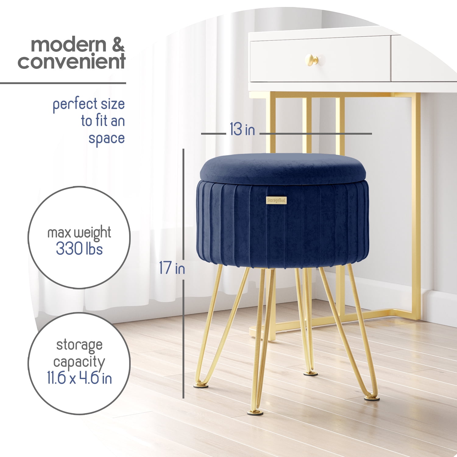 Hearth & Harbor Round Ottoman with Storage, Luxurious Foot Stool and Chic Vanity Stool with Storage, Elegant Pleated Velvet Blue