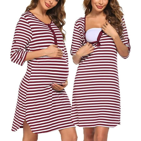 

Vivianyo HD Pregnant Plus Size Woman Stripe Short Sleeve Breast-Feeding Pregnant Maternity Nursing Dress Rollbacks Wine