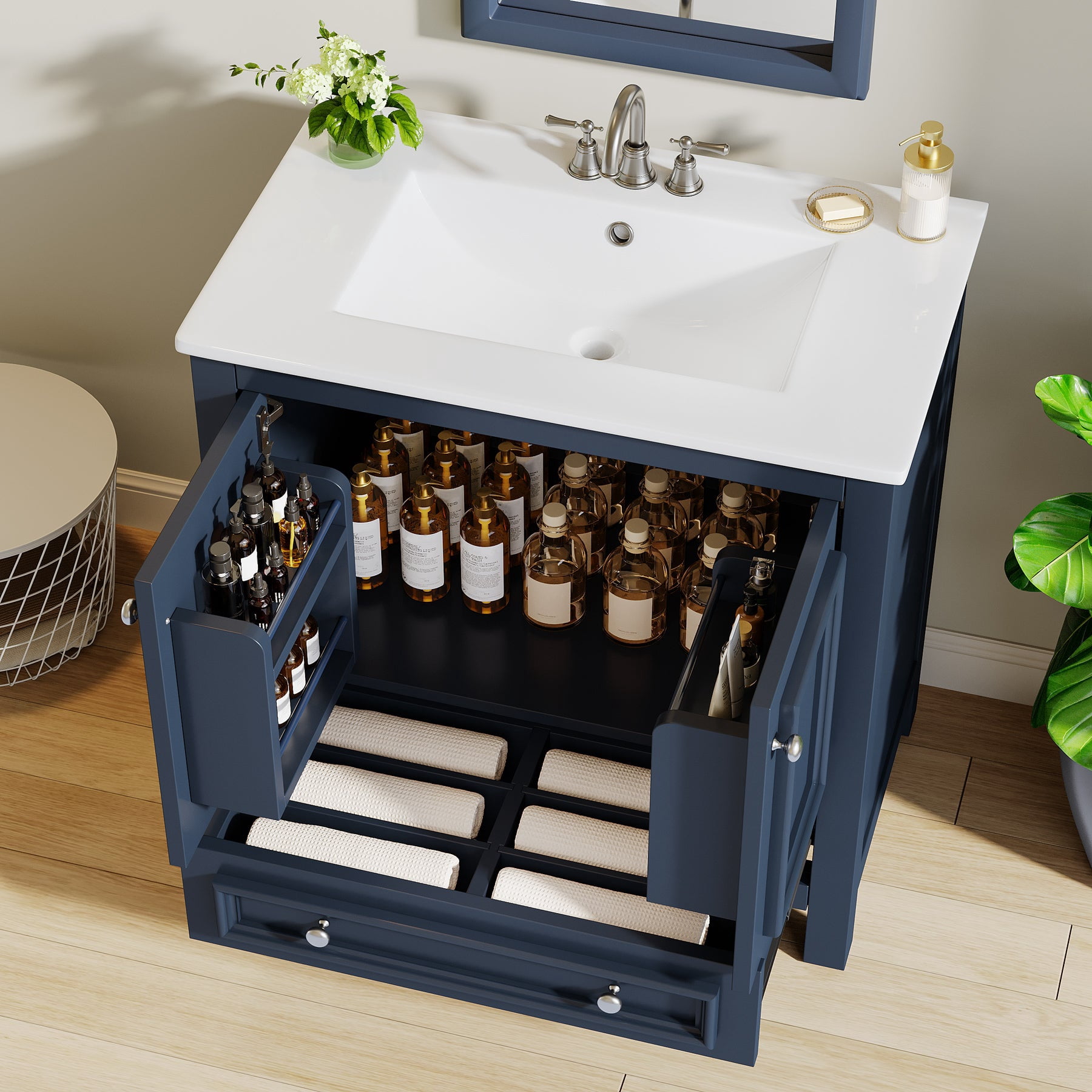 Fnova 30" Modern Bathroom Vanity with Sink, Freestanding Bathroom Vanities Cabinet, Bathroom Sink Cabinet with 2 Doors and 1 Drawer, Solid Wooden Frame, Navy Blue
