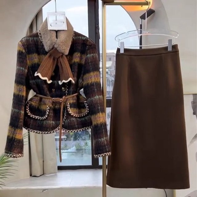 Traje de falda de lana de dos piezas para mujer, conjunto de Chaqueta corta de alta calidad, abrigo y falda, trajes coreanos dulces y elegantes, Primavera