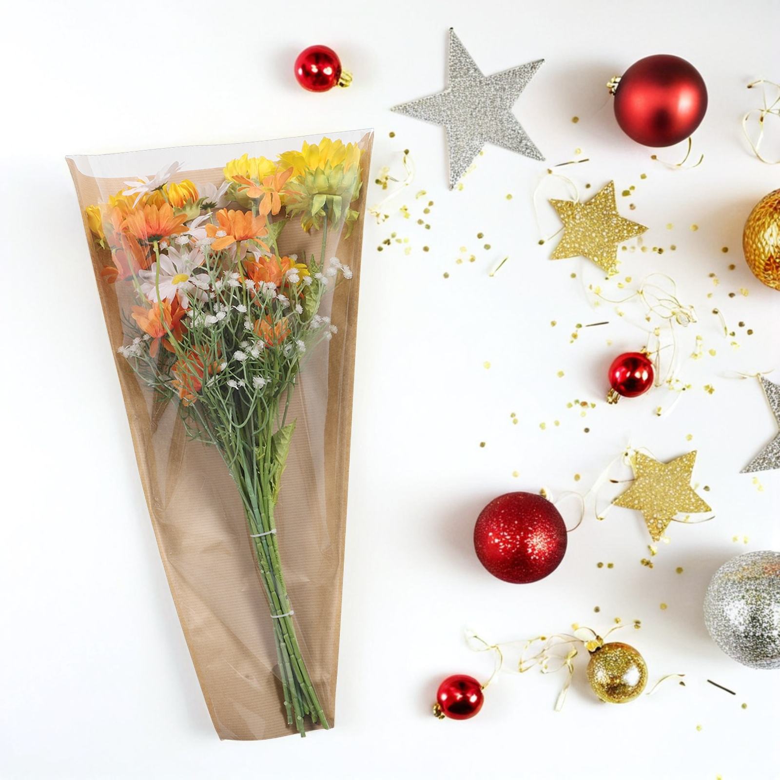 RENACLIPY Clear Floral Wrapping Bags with Brown Paper Design, 50 Pieces for Birthday Party Favors and Decorations