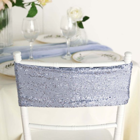 Efavormart 5 Pack - 6 x 15 Inch Sequin Dusty Blue Spandex Chair Sashes Decoration Chair Sash Perfect for Events Banquet, Wedding, Supplies Party Ceremony & Receptions