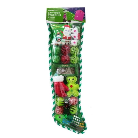 Vibrant Life Holiday 21 Piece Cat Toy Stocking Gift Set, Green