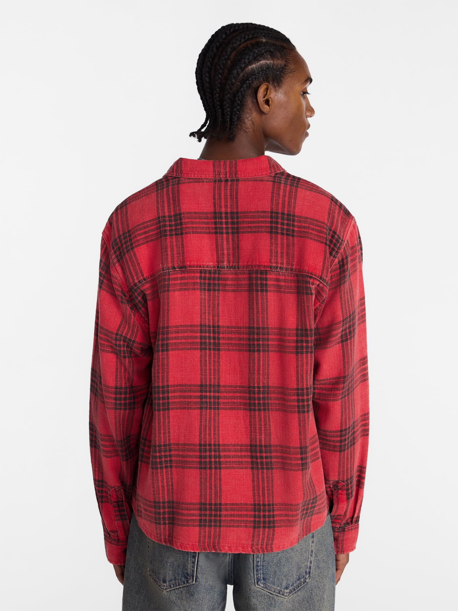 No Boundaries Boxy Fit Grunge Flannel Shirt with Long Sleeves, Men's XS-4XLT