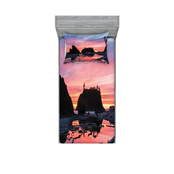 Ambesonne Nature Fitted Sheet & Pillow Sham Set, Mystic Beach Skyline, Twinxl, Multicolor