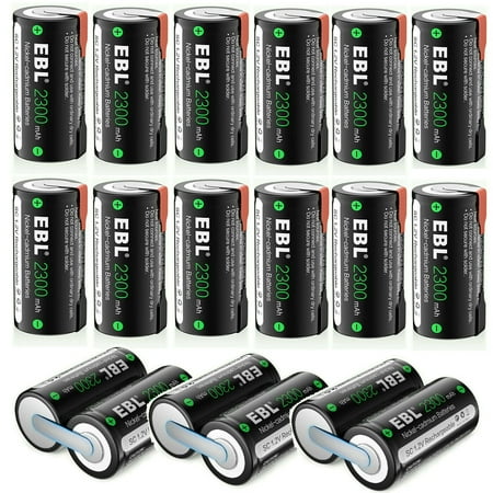 

EBL 2300mAh Sub C NiCd Rechargeable Batteries for Power Tools 1.2V Flat Top Sub-C Cell Batteries with Tabs 18 Packs