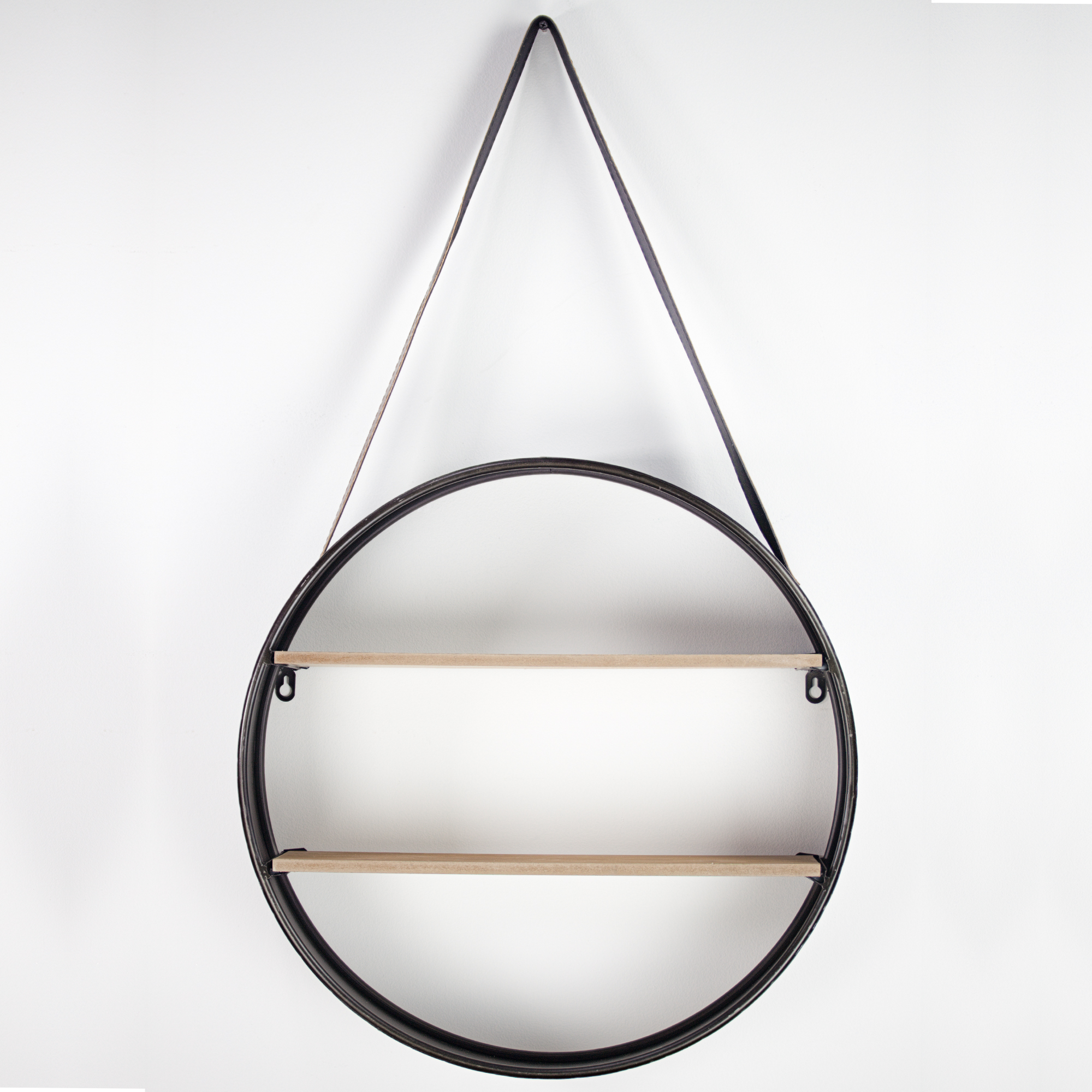 American Art Decor Metal and Wood Round Hanging Wall Shelf with Strap (33" x 19) - image 3 of 8