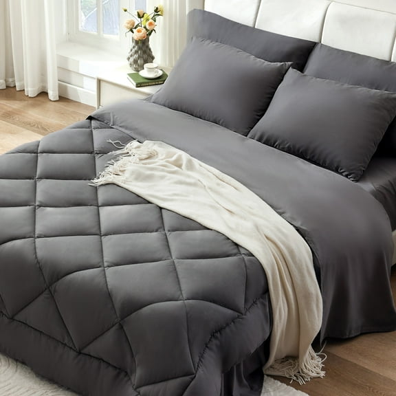 BDEUS Comforter Set 5 Pieces Grey All Seasons Comforters Bed in a bag with 2 Pillow Sham Full Size