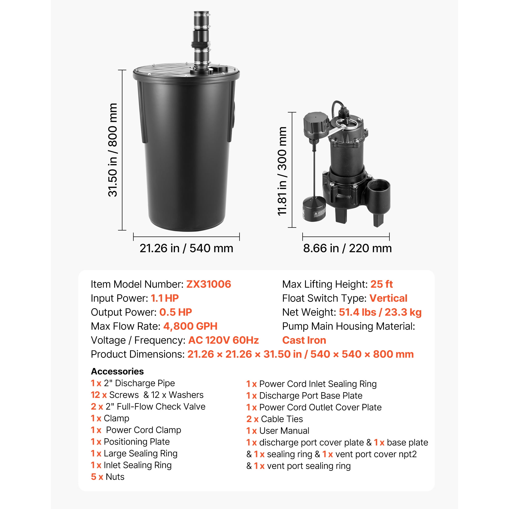 KFFKFF 1/2 HP Cast Iron Sewage Pump System with Basin Kit, 120V Automatic Water Collection and Removal System, Vertical Float Switch, 2" Discharge, Black