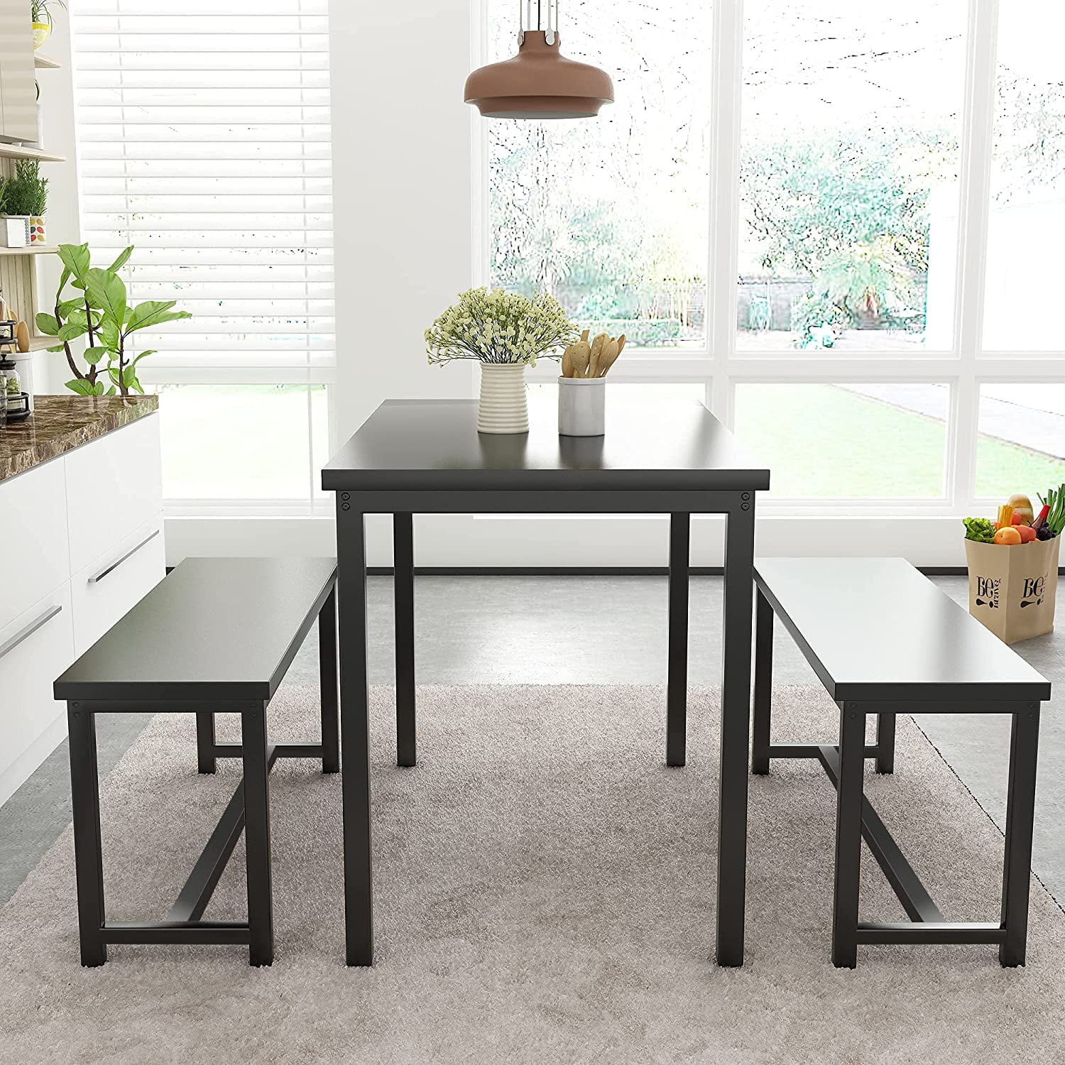 Cvortll Dining Room Table Set, Kitchen Table Set with 2 Benches, Ideal for Home, Kitchen and Dining Room, Breakfast Table of 43.3x23.6x28.5 inches, Benches of 38.5x11.8x17.5 inches, Black