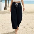 thumbnail image 2 of Cropped Linen Barrel Pants for Women Drawstring Wide Leg Cotton Capris 2026 Casual Summer Boho Baggy Palazzo Trouser Navy S, 2 of 6