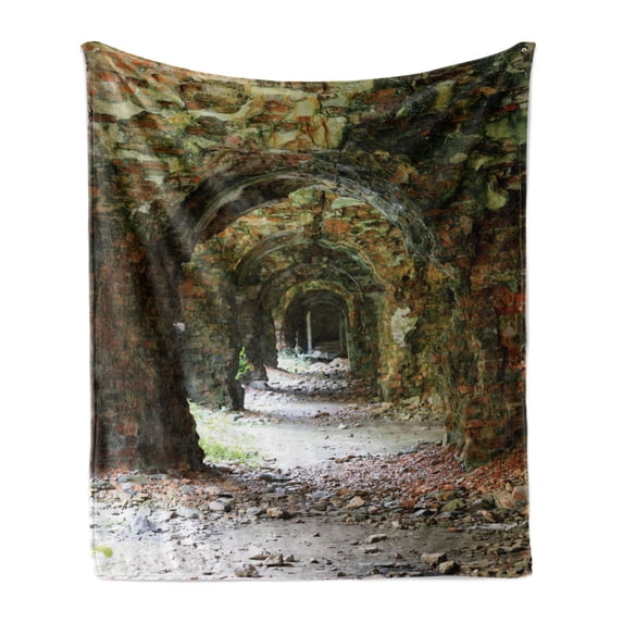 Rustic Soft Flannel Fleece Blanket, Old and Ruined Arched Medieval Period Brick Tunnel Architecture Heritage Design Print, Cozy Plush for Indoor and Outdoor Use, 70" x 90", Grey Red, by Ambesonne