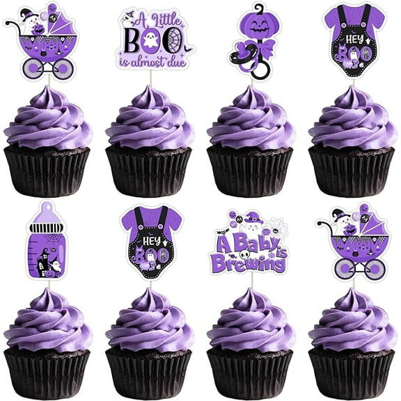 Halloween Baby Shower Decoration, 36pcs A Little Boo is Almost Due Decoration Cupcake Topper Purple Double-Sided Printing for Halloween Theme A Baby is Brewing Gender Reveal Party Supplies