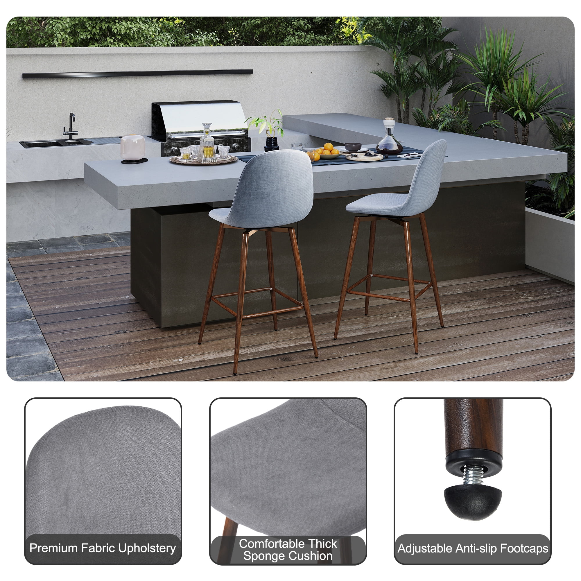 Homy Casa Set of 2 Contemporary Bar Stools, 26 in. Seat Height with Fabric Upholstery and Wooden Legs, Grey