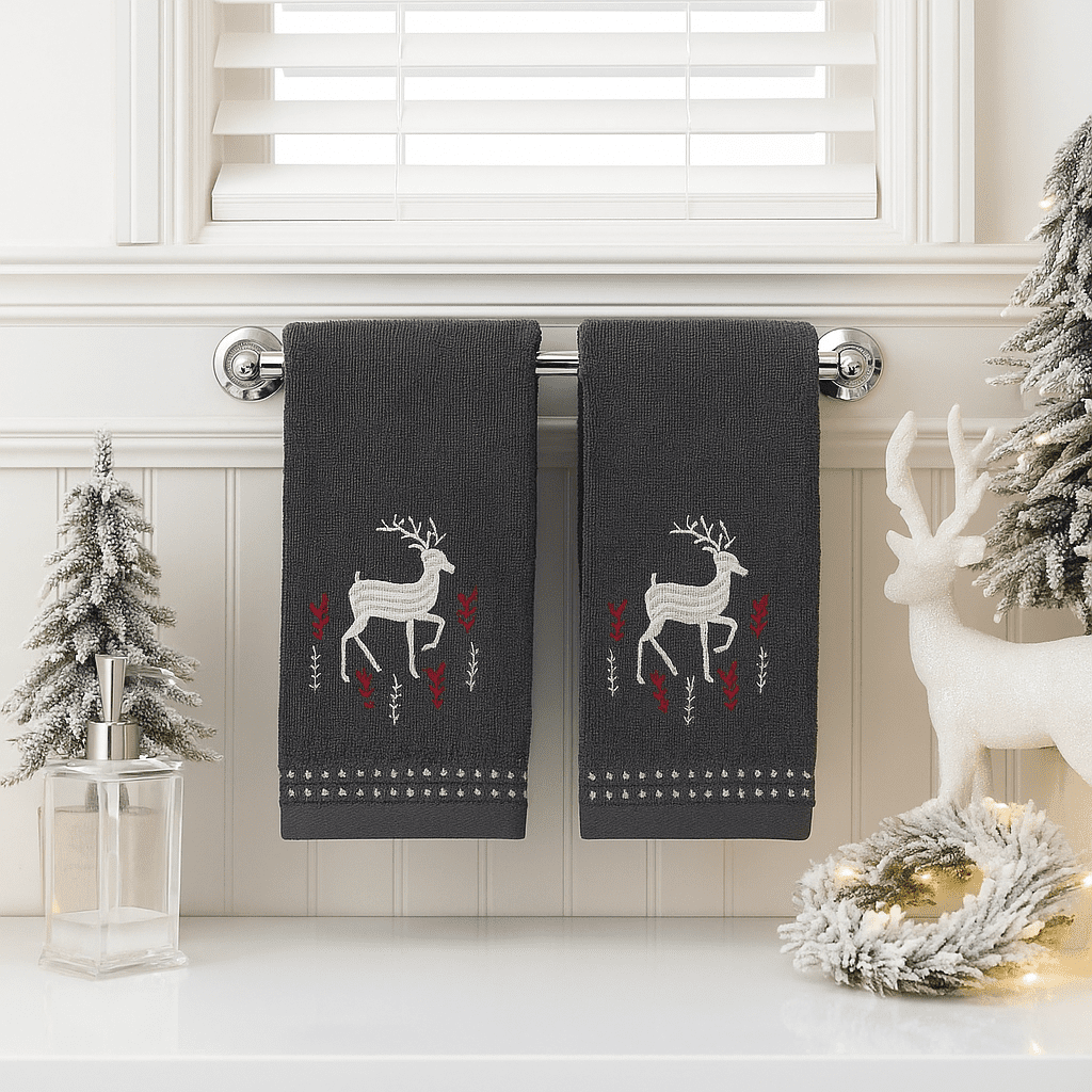 Serafina Home Christmas Bathroom 4 pc Set, 2 fingertip (12" x 18"), 2 Hand Towels (16" x 25) Noble Buck Deer Embroidered on Dark Grey Cotton Towels