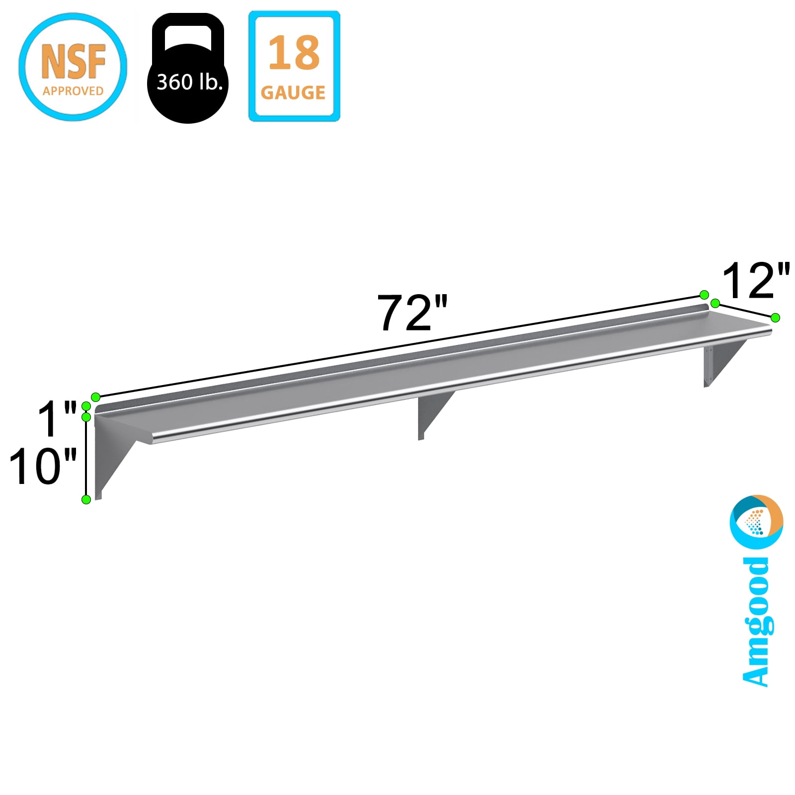 AmGood 12 in. x 96 in. Stainless Steel Wall Shelf | NSF Certified | Appliance & Equipment Metal Shelving | Kitchen, Restaurant, Garage, Laundry, Utility Room