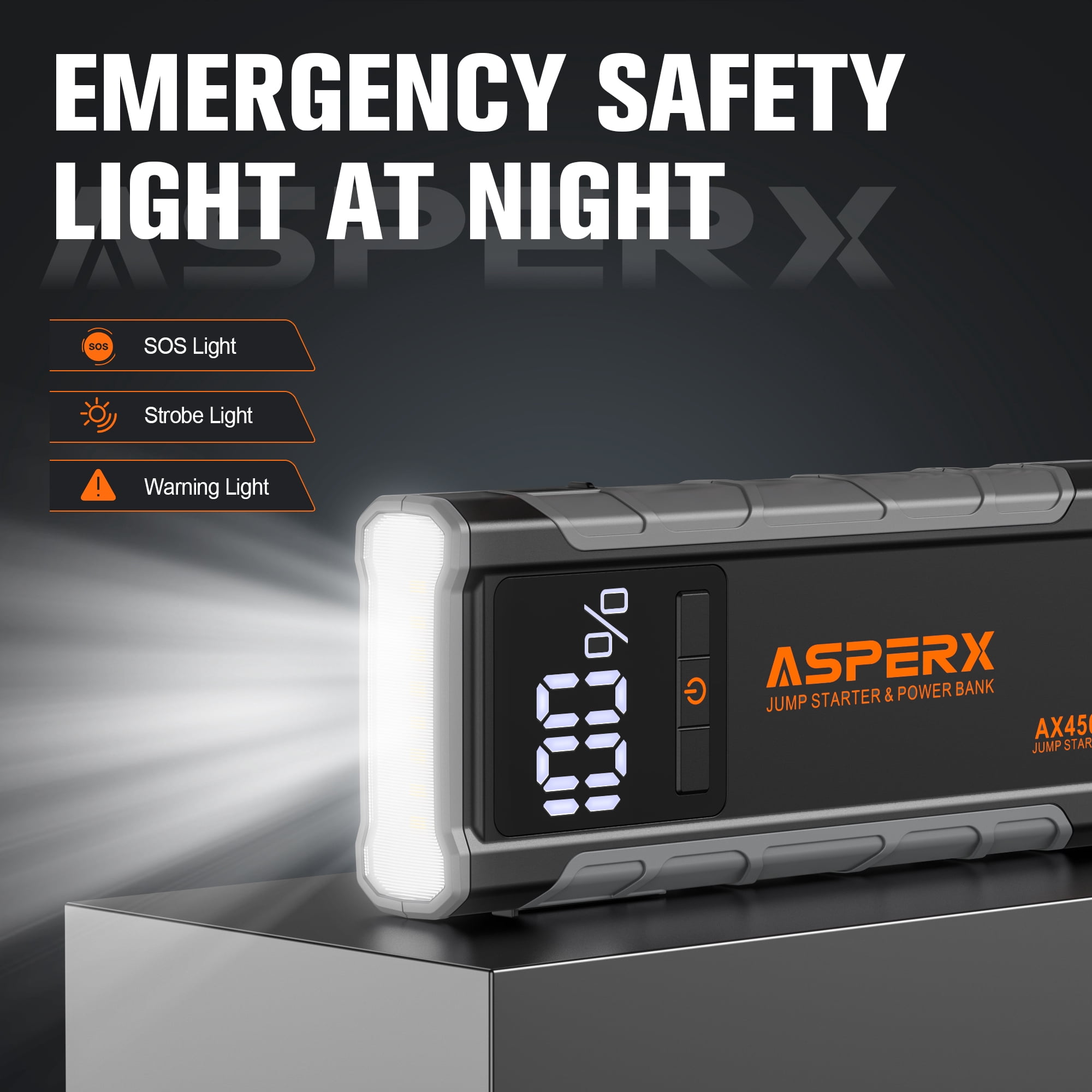 ASPERX Jump Starter 4500A Peak,Battery Starter for Car Up to All Gas and 10.0L Diesel Engines,USB-PD 30W Fast Charging Heavy-Duty Booster Built-in LED Light-Black
