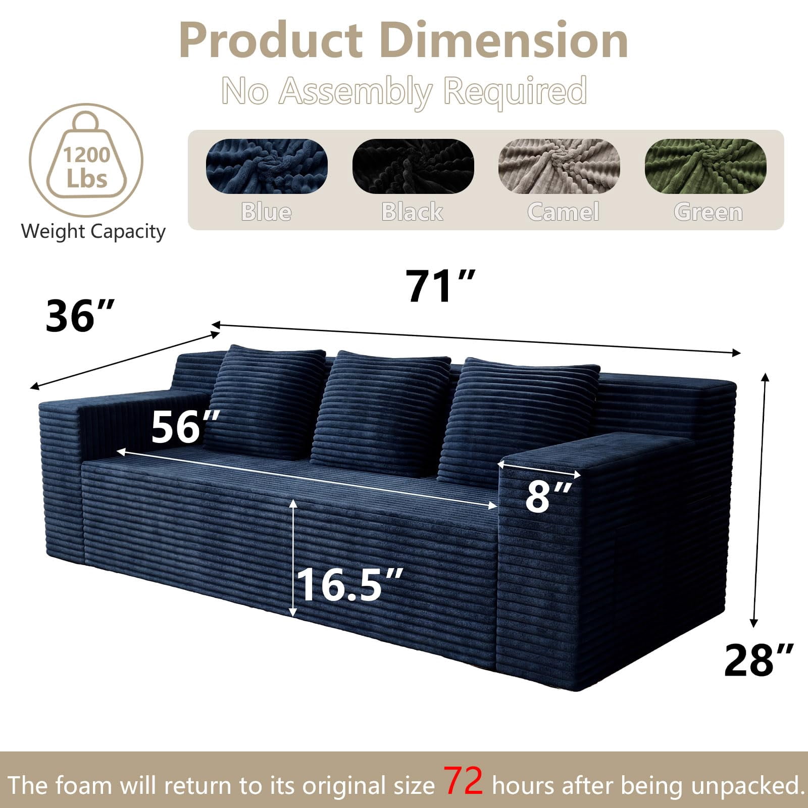 71" Corduroy Cloud Loveseat Sofa for Small Spaces, Memory Foam Boneless Couch in a Box, Compressed Small Loveseat for Living Room Bedroom Apartment, No Assembly Required