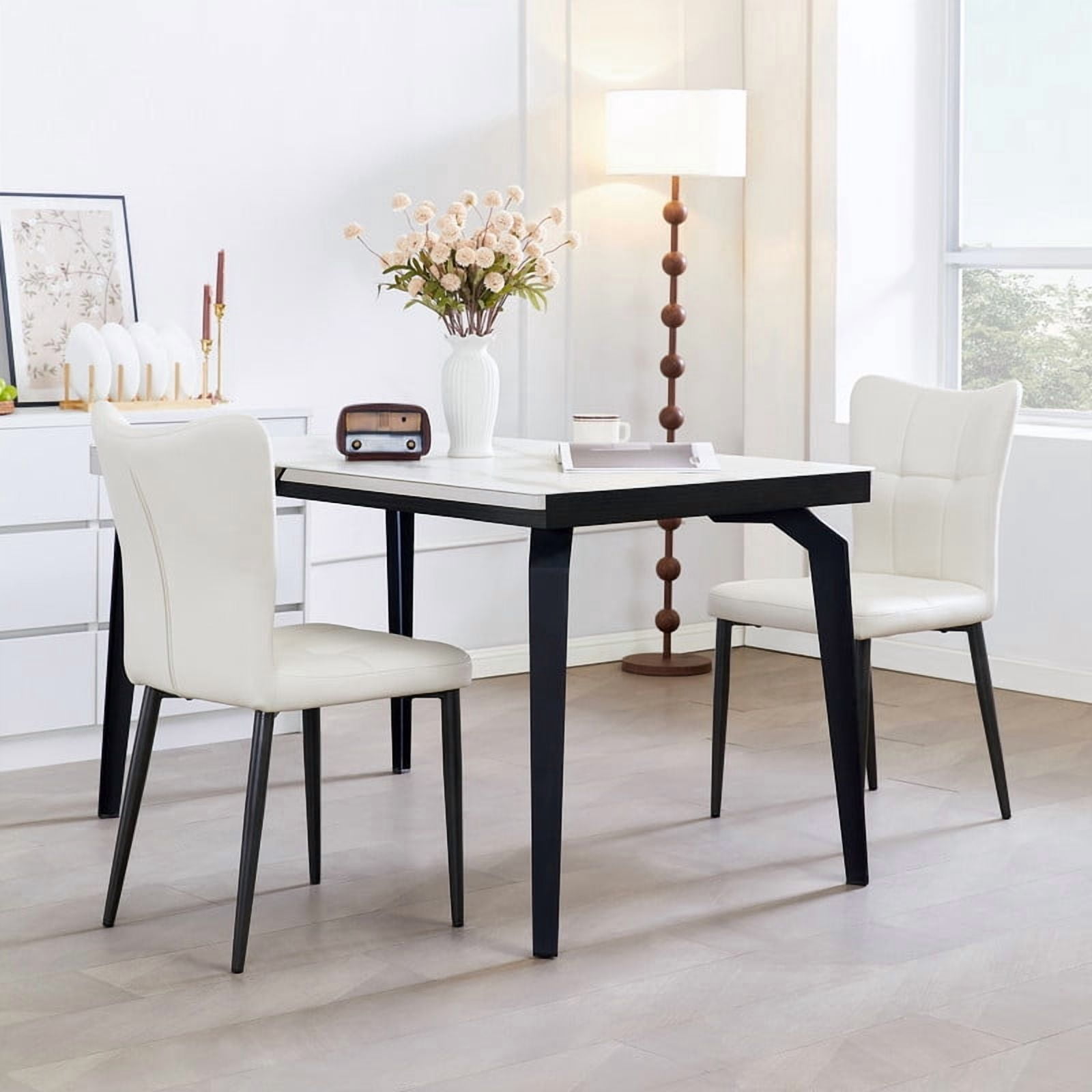 Euroco Upholstered Dining Chairs Set of 2, Modern Kitchen Chairs with High Backrest & Metal Legs for Kitchen Dining Room,White