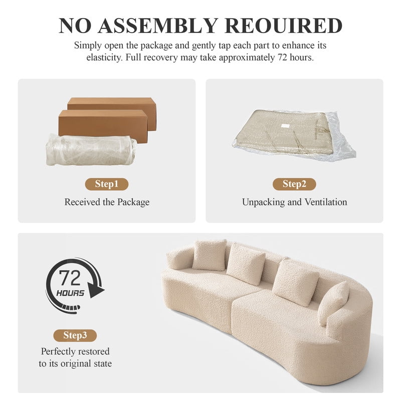 ATHOPE 112" Curved Sectional Couch with Pillows, Deep Seat Boneless Cloud Sofa for Small Space, Plush Teddy Fabric Comfy Couch for Living Room, Bedroom, No Assembly Needed, White