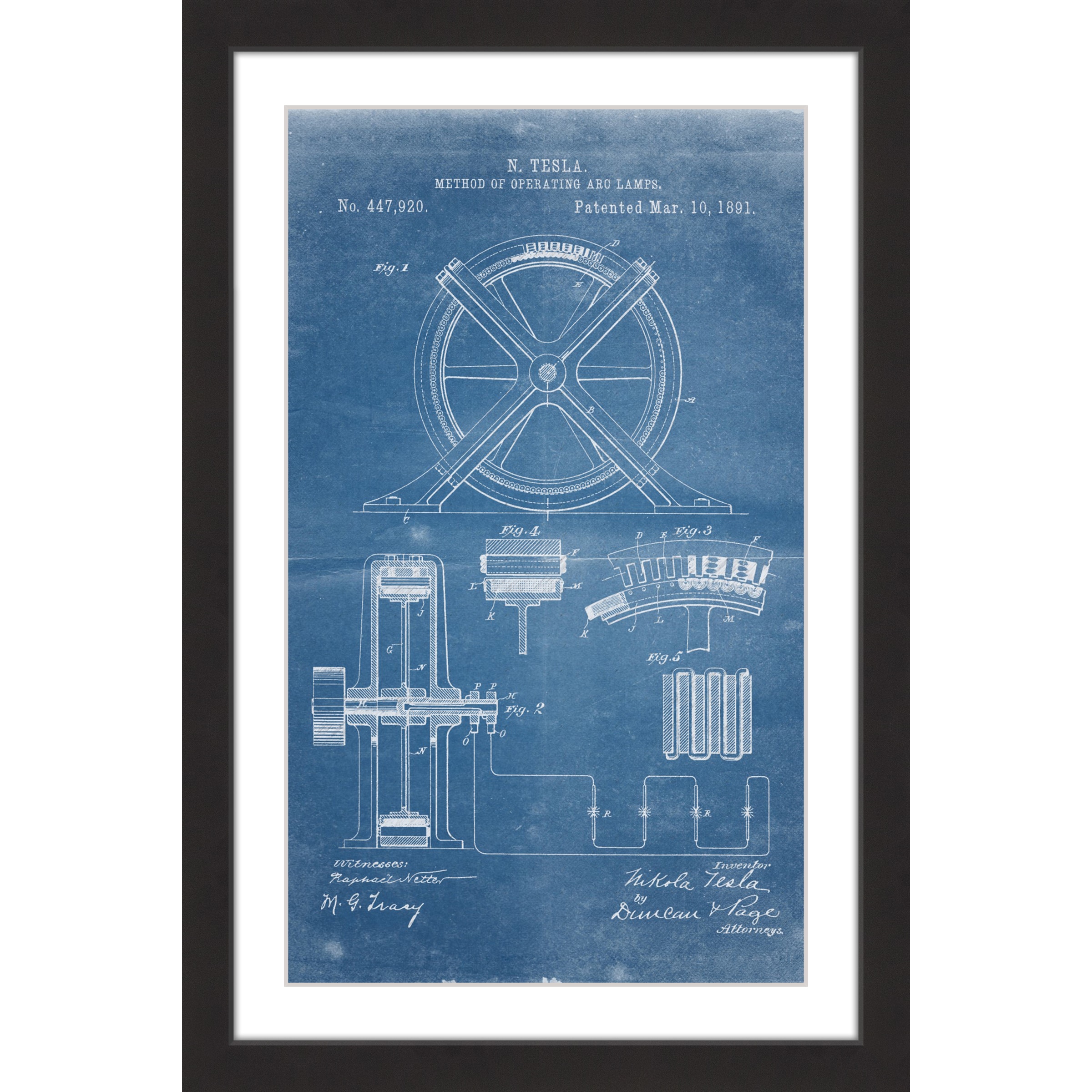 "Tesla Arc Lamp 1891 Blueprint" Framed Painting Print