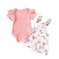 thumbnail image 2 of Delliss Newborn Infant Baby Girl Overall Shorts Set Ruffle Knit Rib Romper Fashion Print Pocket Suspender Romper Summer Outift 0-3 Years, 2 of 7