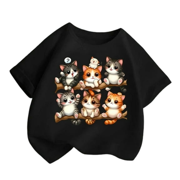 Tfken Toddler Teen Girls Tee Pullover Cat Print T-Shirts Short Sleeve Outdoor Black Tops Size 2-4 Years