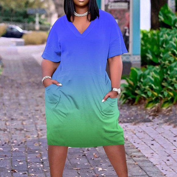 Meichang Robes d'Été pour Femmes Grande Taille Tendance 2024 à Imprimé Dégradé, Robe Midi Ample à Col en V, T-Shirt de Vacances, Robes Soleil avec Poches, G-5TG