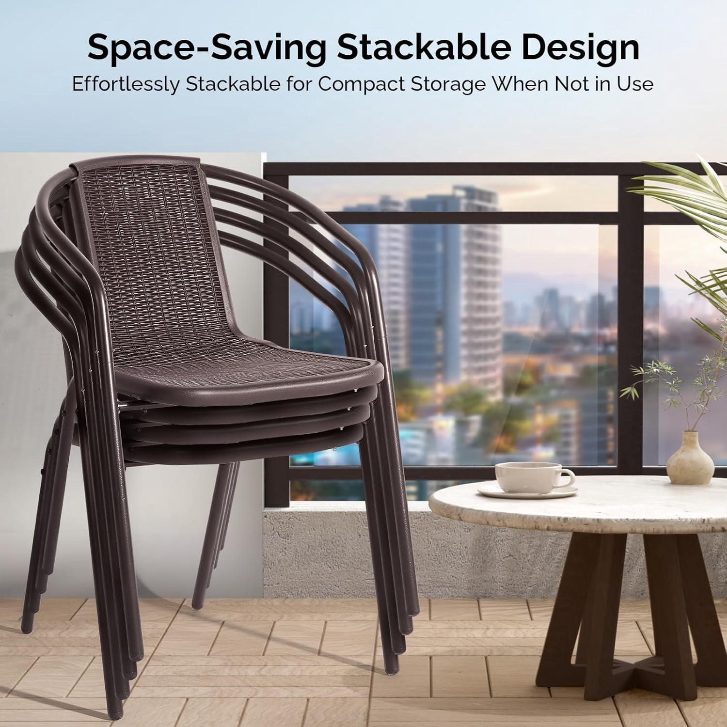 PEXMOR PE Rattan Outdoor Dining Chairs Set of 4, Plastic Stackable Patio Chairs for Garden, Porch & Indoor Use