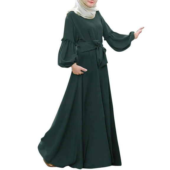 ZHOUCHANKIDS Women's Robe Dress Solid Color Long Sleeve Ruffled Maxi Dress Abaya Dubai Prayer Dress Robe Long Cardigan Maxi Dress Green L